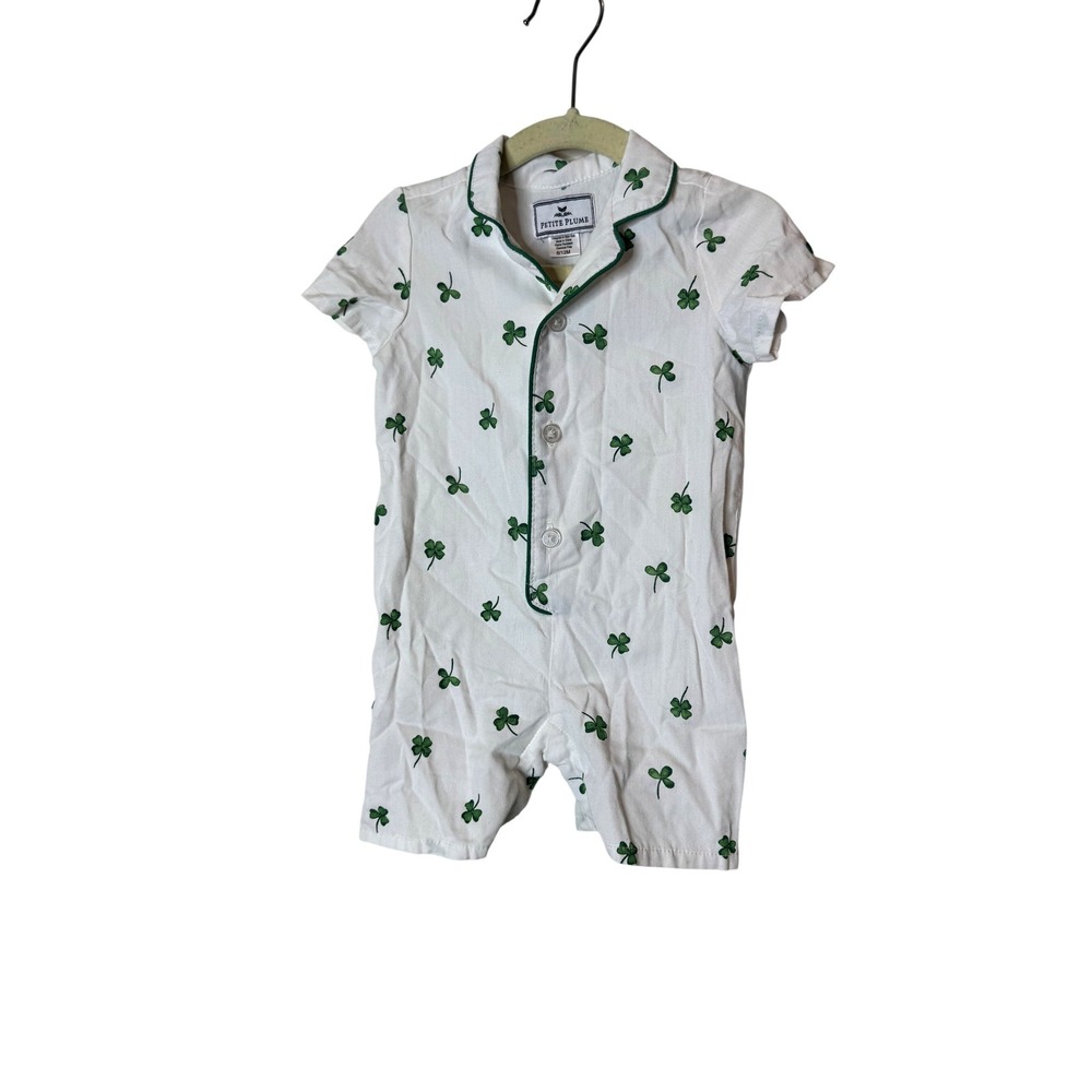 Petite Plume Romper Baby Girls 6-9 Months White Shamrock St Patrick's Pajamas